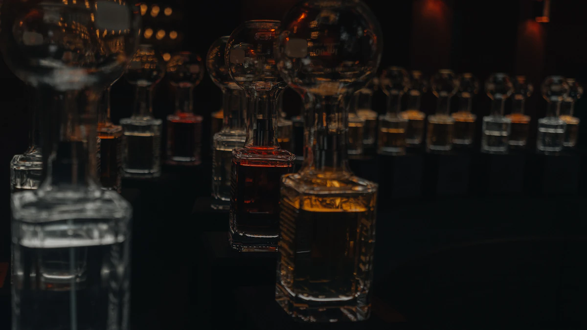 Cosmetic glass bottles catching soft light